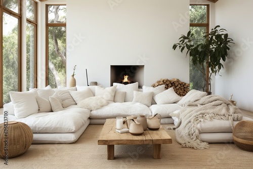 Elegant modern, luxury, neutral, cozy and white bohemian, boho living room with a sofa and plants. soft earthy colors. Great as interior furniture decoration design inspiration.