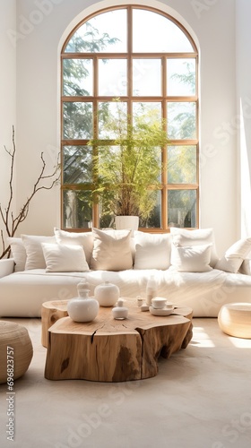 Elegant modern, luxury, neutral, cozy and white bohemian, boho living room with a sofa and plants. soft earthy colors. Great as interior furniture decoration design inspiration. © Merilno