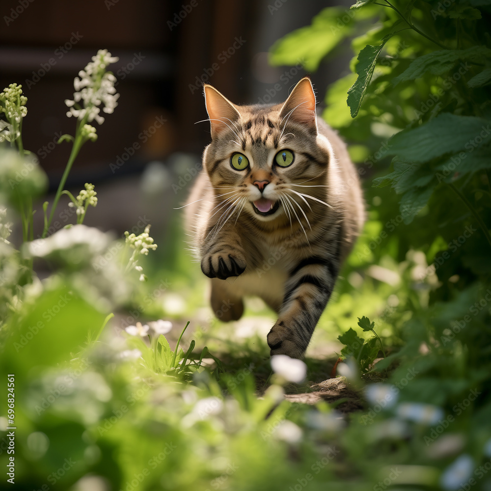 Beautiful little cat running in the garden