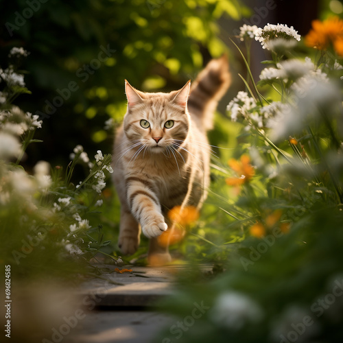 Beautiful little cat running in the garden