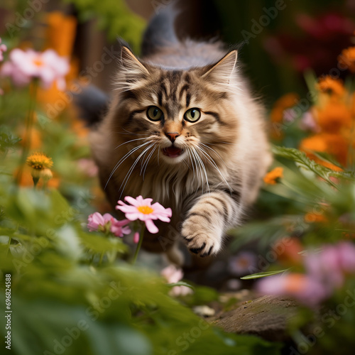 Beautiful little cat running in the garden