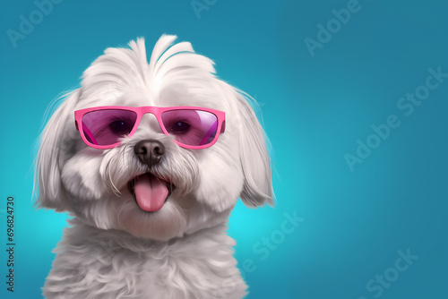 Creative animal concept. Maltese dog puppy in sunglass shade glasses isolated on solid pastel background, commercial, editorial advertisement, surreal surrealism 