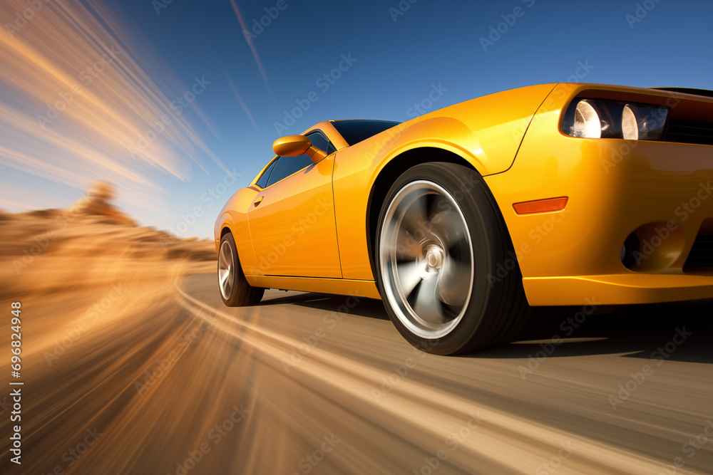 Speed sport car in motion on countryside highway. Generative AI