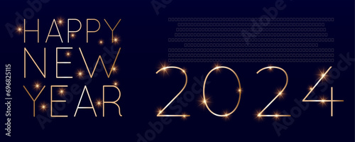 Happy new 2024 year. Elegant gold text with light. Minimalistic text template.	
