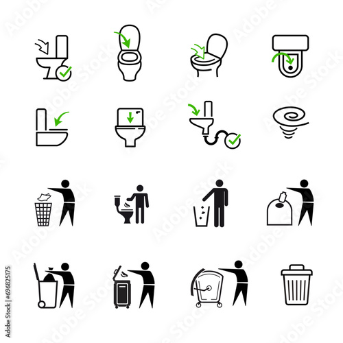 Flush toilet icon set. The outline icons are well scalable and editable. Contrasting elements are good for different backgrounds. Ideal for use in design, packaging, etc. EPS10.