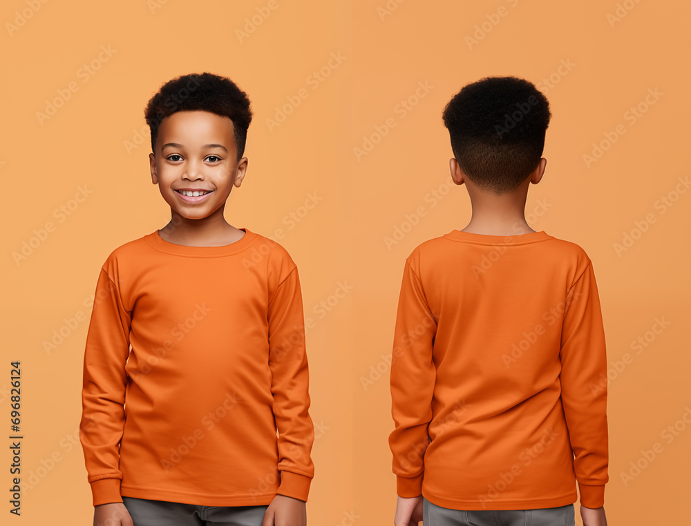 Front and back views of a little boy wearing an orange color long-sleeve T-shirt Front and back views of a little boy wearing an orange color long-sleeve T-shirt