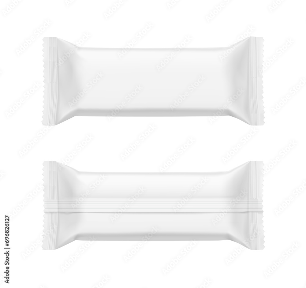 Realistic flow packaging mockups for bars, candies, waffles. Front and rear side. Vector illustration on white background. Easy to use for presentation your product, idea, design. EPS10. Realistic flow packaging mockups for bars, candies, waffles. Front and rear side. Vector illustration on white background. Easy to use for presentation your product, idea, design. EPS10.