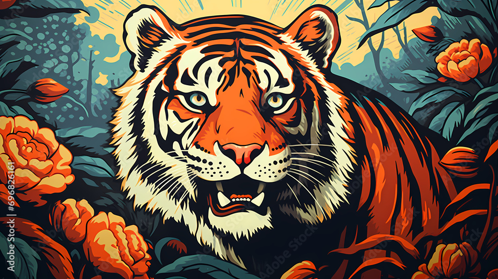 Artistic life of tiger in nature, print style