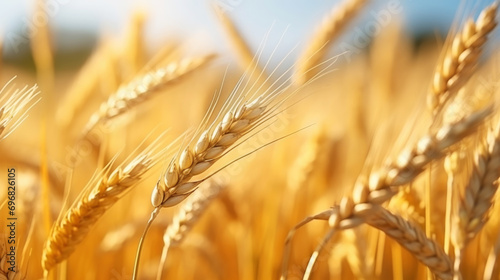 Close up of ripe golden wheat ears  field of wheat in a summer day  sun flare. Harvesting period. Generative AI