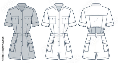 Short Jumpsuit technical fashion Illustration. Bodysuit fashion flat technical drawing template, button-up, cutout, slim fit, pockets, front, back view, white, grey, women, men, unisex CAD mockup set.