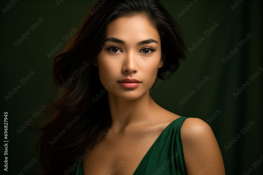 a beautiful asianwoman in a green dress, strong facial expression, dark white and dark brown, simple, multi-layered a beautiful asianwoman in a green dress, strong facial expression, dark white and dark brown, simple, multi-layered