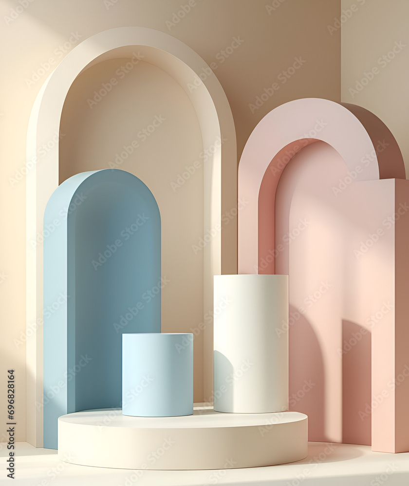Set of beige, blue, soft pink and white realistic 3d cylinder pedestal podium in pastel colorful abstract rooms. Vector rendering geometric forms. Minimal wall scene. Stage showcase, Product display. Set of beige, blue, soft pink and white realistic 3d cylinder pedestal podium in pastel colorful abstract rooms. Vector rendering geometric forms. Minimal wall scene. Stage showcase, Product display.