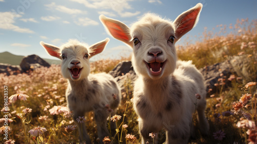 Two little funny baby goats playing in the field with flowers. Generative Ai photo
