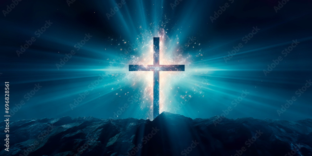 Naklejka premium Divine Illumination cross with approach, emphasizing the spiritual light that radiates from the sacred symbol.