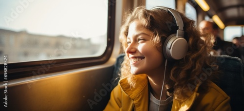 Young woman enjoying music on headphones during train journey. Travel and leisure. photo