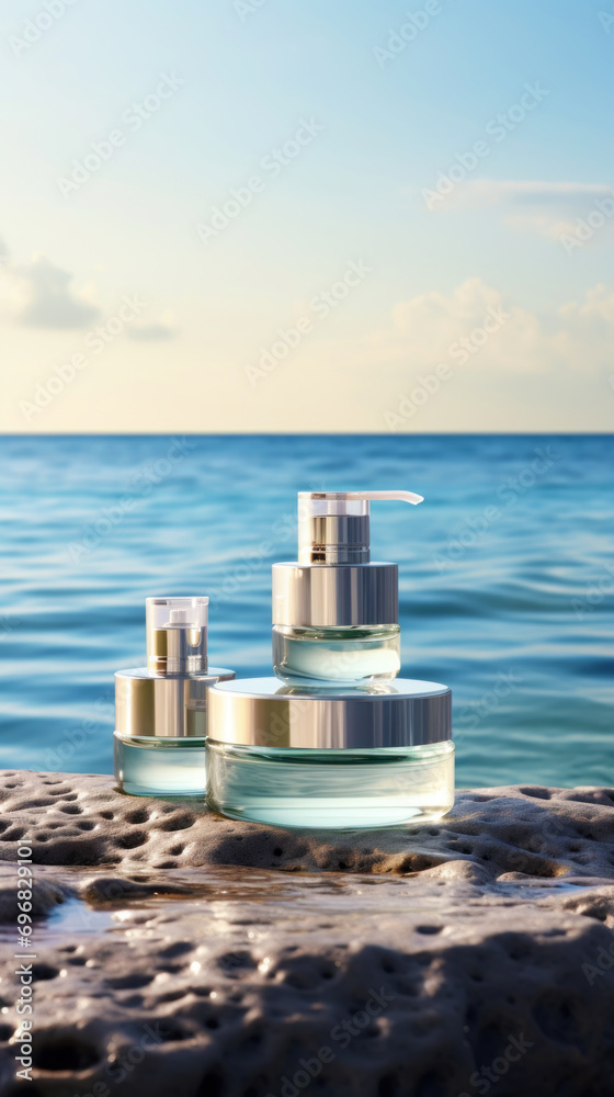 Cosmetic bottles on the stone with a blurred sea backdrop.Natural organic cosmetic mock up. Generative AI.