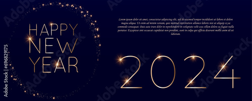 Happy new 2024 year. Elegant gold text with light. Minimalistic text template.	