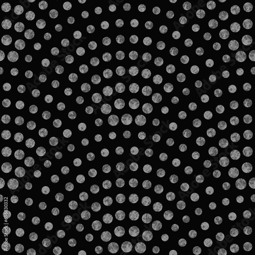 Vector wavy seamless pattern with geometrical fish scale layout. Metallic silver circle drops on a black background. Peacock tail shape