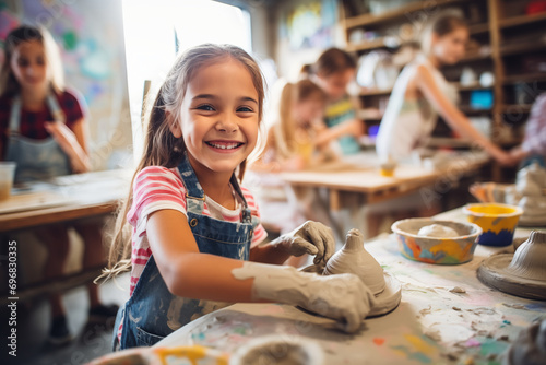 도자기 만들기 공예 수업을 받고 있는 어린이