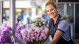 A smiling beautiful florist girl, a flower seller with a bouquet of purple flowers on the background of a flower shop. The concept of gardening, business, floristry, holidays