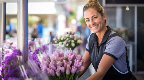 A smiling beautiful florist girl  a flower seller with a bouquet of purple flowers on the background of a flower shop. The concept of gardening  business  floristry  holidays