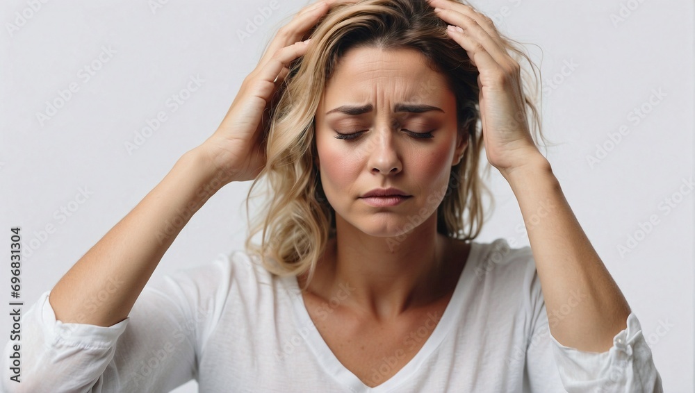 Isolated background, American woman with headache and holding hand to head, studio shot