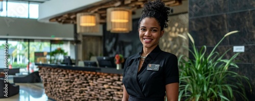 une femme afro américaine en réceptionniste ou hôtesse d'accueil photo
