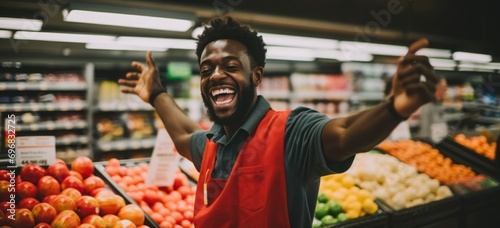 Joyful supermarket employee gesturing in fresh produce aisle. Customer service and job satisfaction.