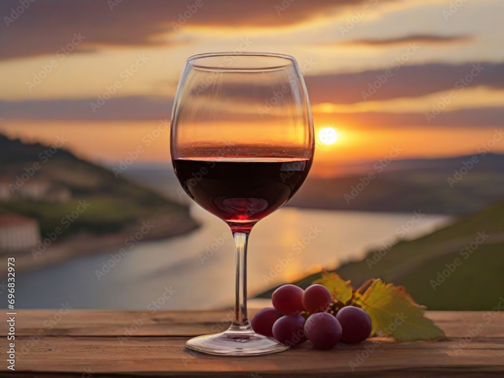 Glass of red wine at sunset