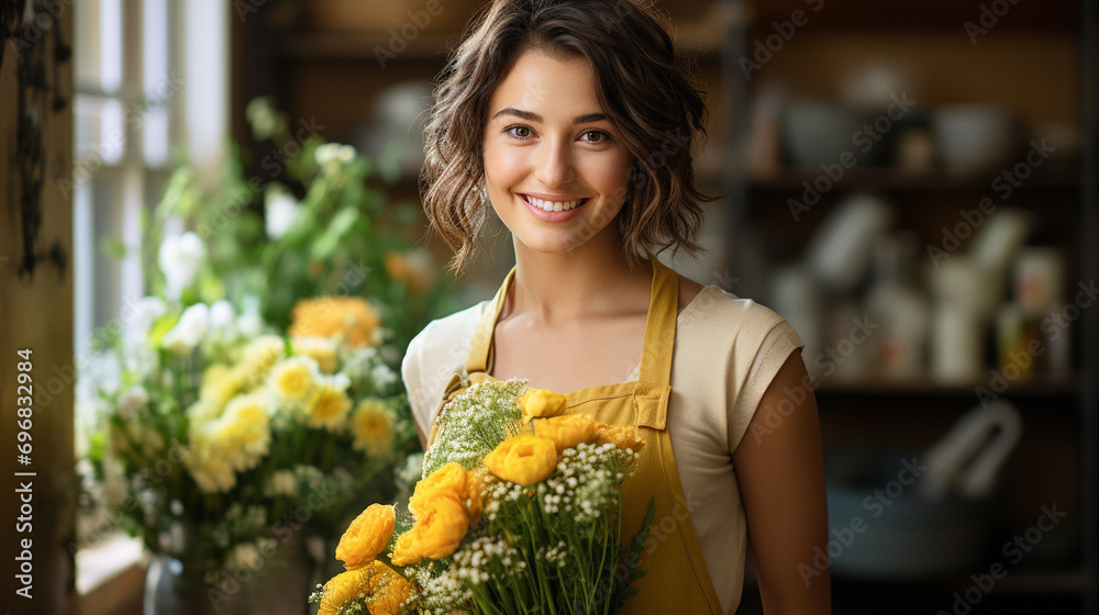 A smiling beautiful florist girl, a flower seller with a bouquet of yellow chrysanthemums on the background of flower stalls. The concept of gardening, business, floristry, holidays A smiling beautiful florist girl, a flower seller with a bouquet of yellow chrysanthemums on the background of flower stalls. The concept of gardening, business, floristry, holidays