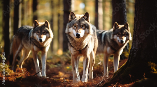 A wolf pack standing in the forest © Flowal93