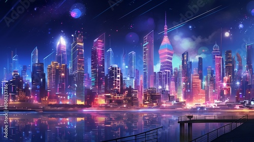 A gleaming cityscape aglow with neon lights and skyscrapers, reflecting the excitement and anticipation of the New Year's festivities