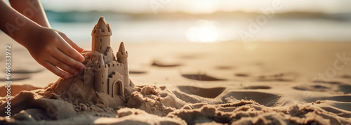 Boy, girl building sand castle on beach on blurred ocean background Building sand castle child hands closeup with sunlight. Vacation kids and family travel. Games beach. Ultra-wide banner. Copy space photo