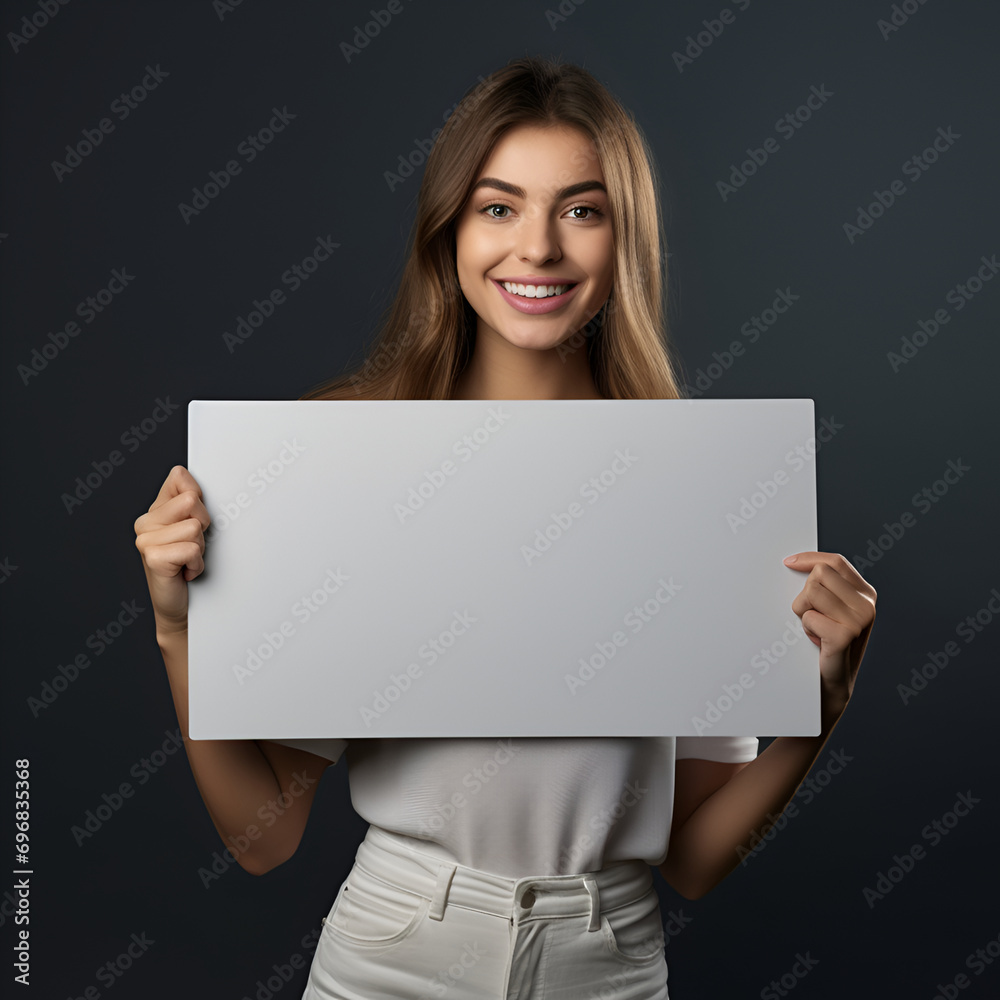 A woman with a smile is holding a white board A woman with a smile is holding a white board