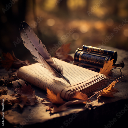 An open book and feather quill on the ground, in the style of atmospheric woodland imagery