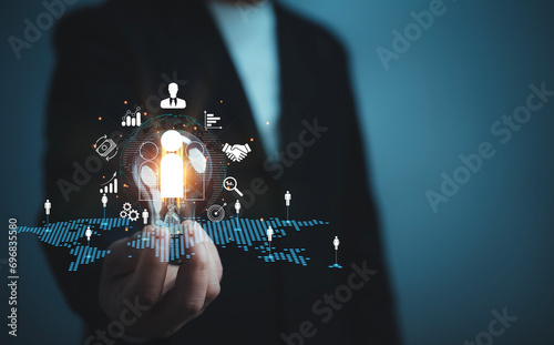 Fototapeta Naklejka Na Ścianę i Meble -  Businessman use computer with global structure customer network technology, global structure development of information exchange Customer service.Customer network relationship management concept.
