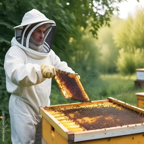 Beekeeper at the apiary bees country. 