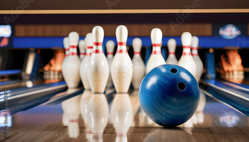 Bowling strike concept. Blue Bowling Ball hits bowling pins.