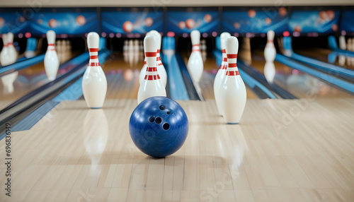 Bowling strike concept. Blue Bowling Ball hits bowling pins. photo