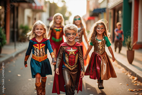 Group of small children dressed as superheroes on carnival day