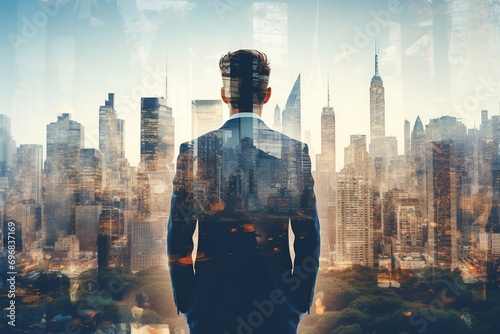 Double exposure of confident businessman and modern cityscape with sunlight. Concept of leadership and success. Toned image double exposure photo