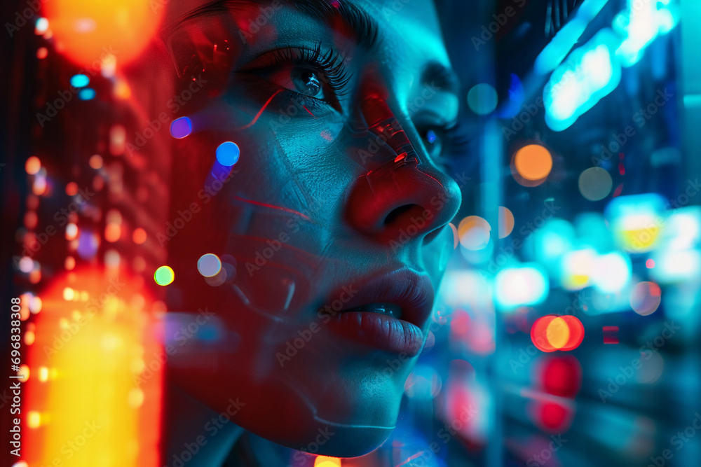 Futuristic cityscape portrait, cybernetic enhancements visible on a person’s face, neon reflections