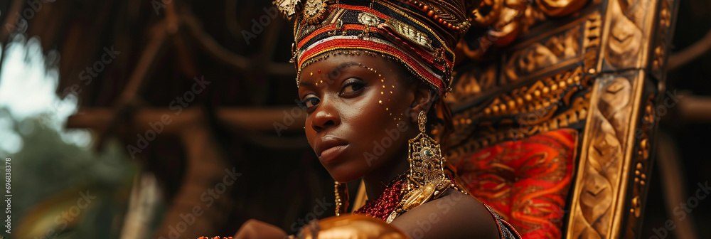 Φωτογραφία Majestic tribal queen portrait, elaborate headdress and jewelry, powerful presen