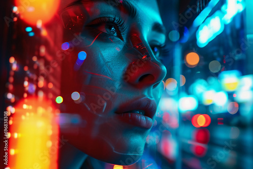 Futuristic cityscape portrait  cybernetic enhancements visible on a person   s face  neon reflections