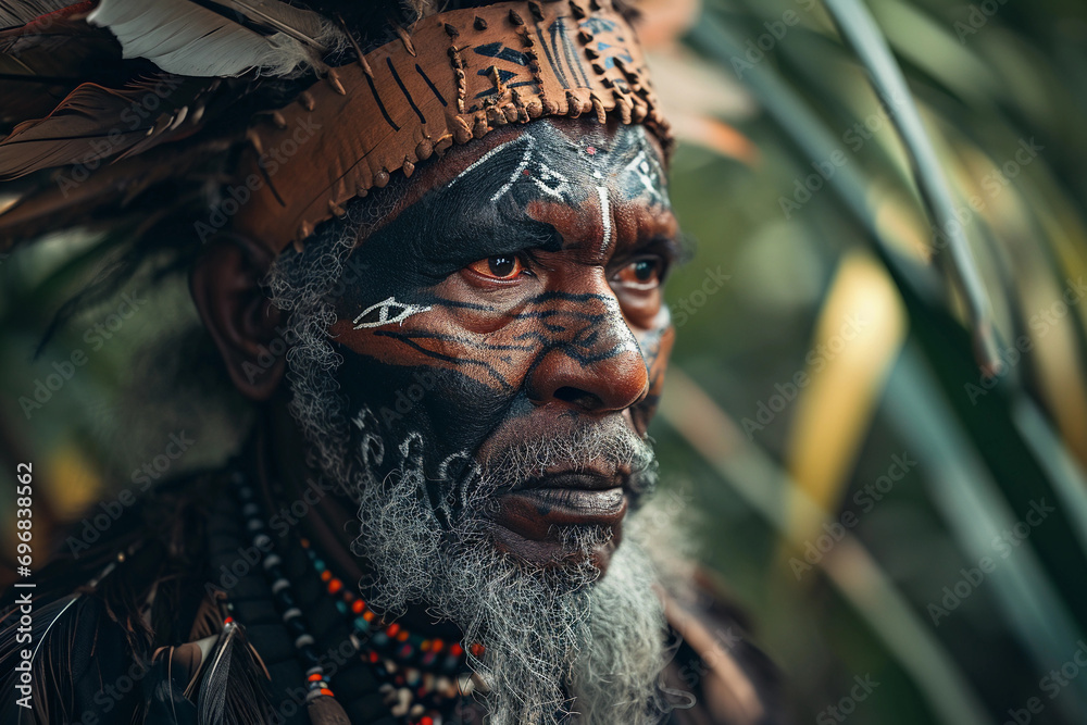 elder tribal shaman, intricate face paint, adorned with feathers and beads, deep, wise gaze