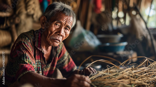 tribal craftsman at work, focused attention on intricate weaving