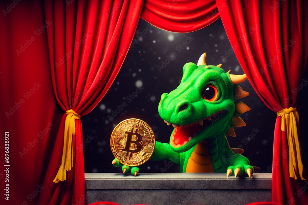 Naklejka premium cunning green dragon holds a golden bitcoin in its paw, looking out from behind the red curtain of the theater wings.