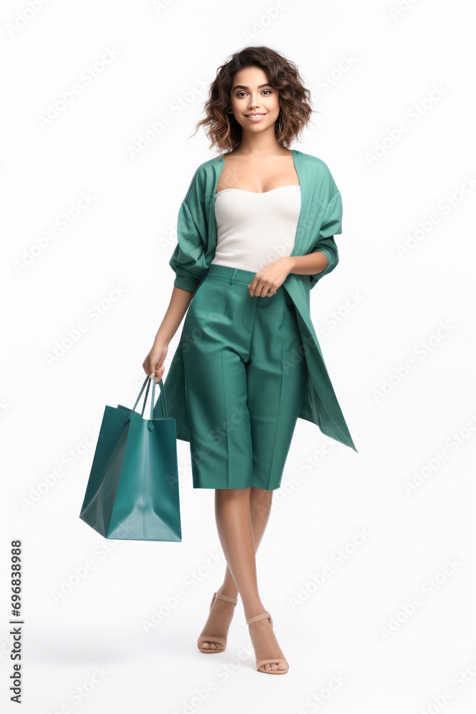 young woman standing with shopping bags on white background young woman standing with shopping bags on white background