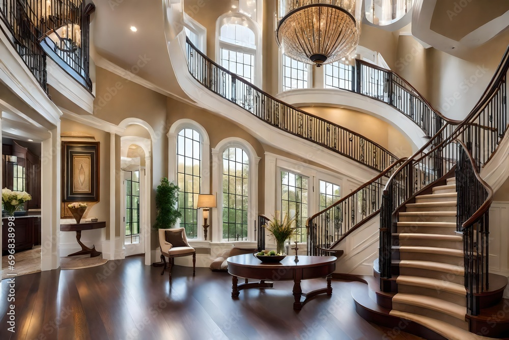 foyer with a curved staircase, epitomizing grandeur and sophistication.
