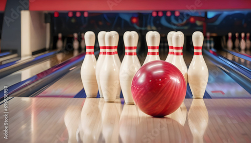 Red Bowling Ball and Bowling pins on bowling alley line. Bowling competition or tournament concept